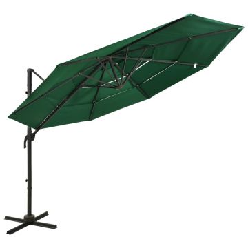 vidaXL Umbrelă de soare 4 niveluri, stâlp din aluminiu, verde, 3x3 m