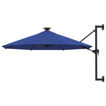 vidaXL Umbrelă de soare montată pe perete cu LED-uri, albastru, 300 cm