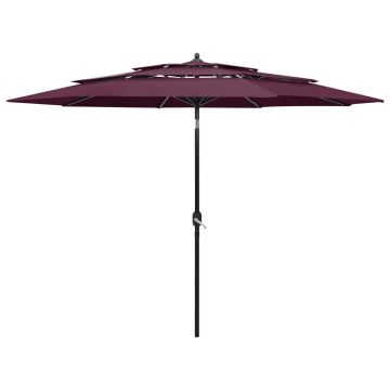 vidaXL Umbrelă de grădină 3 niveluri, stâlp aluminiu, roșu bordo, 3 m