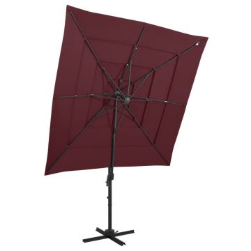 vidaXL Umbrelă cu 4 niveluri, stâlp aluminiu, roșu bordo, 250x250 cm