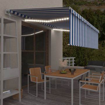 vidaXL Copertină retractabilă stor&LED&senzor vânt, albastru/alb, 5x3m