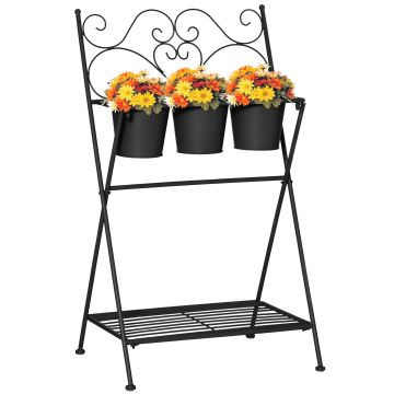 Outsunny Suport Metalic Pliabil pentru Plante, 3 Ghivece Incluse, Design Compact, 47x37x78.5 cm, Negru | Aosom Romania