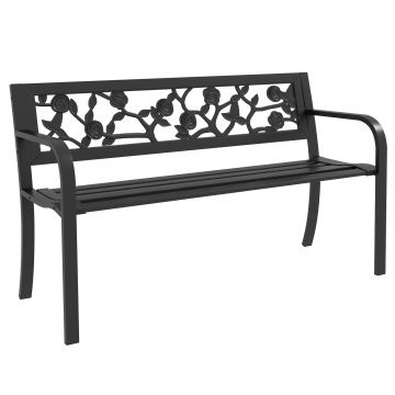 Outsunny Banca de Terasa, Canapea cu Cadru Metalic cu Spatar cu Model Floral pentru Gradina, Cotiere, pentru Gradina, Veranda, Negru