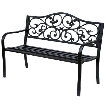 Outsunny Banca pentru exterior din fonta si metal, banca pentru gradina 2 locuri cu spatar inalt decorat, 127x60x89cm, negru