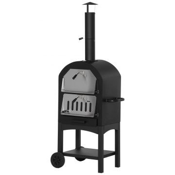 Outsunny Cuptor Portabil cu Cărbune pentru Pizza și Barbecue, Cuptor cu Lemne, Coș de Fum și Raft Inferior, 63x54x161 cm, Negru | Aosom Romania