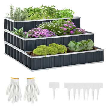 Outsunny Jardinieră în 3 Niveluri Modulare cu Fund Deschis, Jardinieră pentru Legume cu Mănuși Incluse, 118x118x62 cm, Gri | Aosom Romania