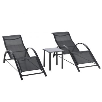 Outsunny Set 2 sezlonguri si masuta cu blat din sticla, sezlong pentru gradina din material respirabil si metal, 59x169x66 cm, negru