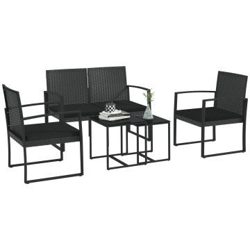 Outsunny Set Mobilier de Grădină din Ratan PP 5 Piese, Canapea cu Perne, Set Canapea pentru Exterior, Negru | Aosom Romania