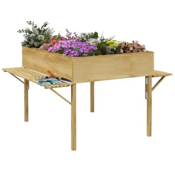 Outsunny Strat de Grădină Înălțat cu 12 Grile, Jardinieră Înălțată din Lemn cu Rafturi Laterale Pliabile, 122x91,5x89 cm, Lemn Natural | Aosom Romania