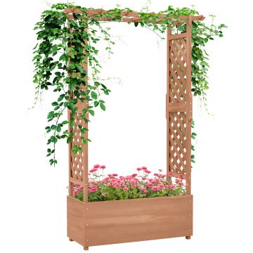 Outsunny Strat de Grădină Înălțat cu Grilaj și Acoperiș, Jardinieră din Lemn pentru Plante Cățărătoare, 112x41x180 cm, Maro | Aosom Romania