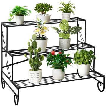 Outsunny Suport pentru Plante din Metal, Scară Suport pe 3 Niveluri pentru Ghivece de Grădina în Stil Vintage, 95x63x72 cm, Negru | Aosom Romania