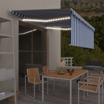 vidaXL Copertină retractabilă manual cu stor&LED, albastru&alb, 4x3 m