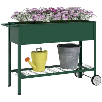 Outsunny Jardinieră Exterioară cu Raft Inferior pentru Unelte, Jardinieră Metalică cu 2 Roți și Mâner, 104x39x80 cm, Verde | Aosom Romania