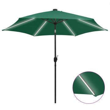 vidaXL Umbrelă de soare cu LED-uri, stâlp din aluminiu, verde, 300 cm