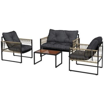 Outsunny Set de Mobilier de Grădină din 4 Piese PE Rattan cu Canapea Dublă, Fotoliu, Măsuță de Cafea din Sticlă, 106x70x72 cm, Gri