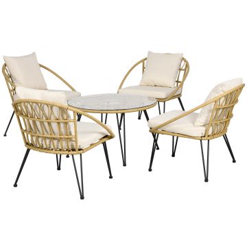 Outsunny Set Grădină din Ratan din 5 Piese, Set de Exterior cu Masă Rotundă și 4 Scaune cu Perne, 82x82x50 cm, Bej | Aosom Romania