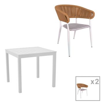 Set de 3 buc masa si scaune de gradina Kliton-Raven aluminiu alb 80x80x74 cm