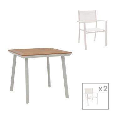 Set de 3 buc masa si scaune de gradina Moly-Synergy aluminiu alb si plasa cu placaj culoare naturala 80x80x74 cm