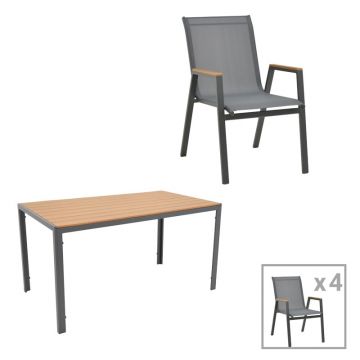 Set de 5 buc masa si scaune de gradina Nares-Azelie C aluminiu antracit si plasa cu plywood culoare naturala 140x80x72.5 cm