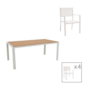 Set de 5 buc masa si scaune de gradina Nares Moly aluminiu alb si placaj culoare naturala 180x90x72.5 cm