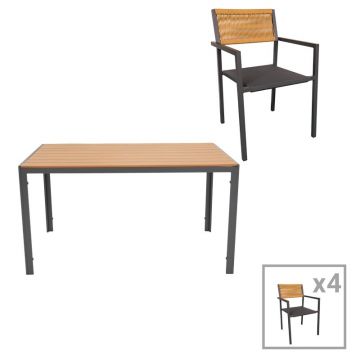 Set de 5 buc masa si scaune de gradina Savor-Nares aluminiu antracit si placaj ratan in culoare naturala 140x80x72.5 cm