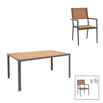 Set de 7 buc masa si scaune de gradina Nares-Vitality aluminiu antracit si placaj culoare naturala 140x80x72.5 cm