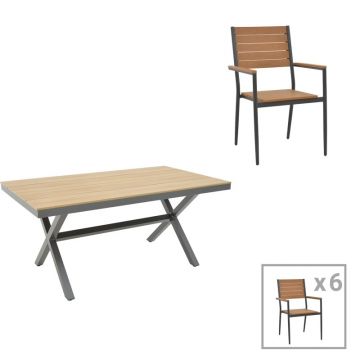 Set de 7 buc masa si scaune de gradina Vitality Thorio aluminiu antracit si placaj in nuanta naturala 160x90x75 cm