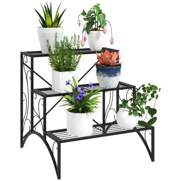 Outsunny Raft pentru Plante cu 3 Niveluri din metal, 60x60x60 cm, Negru | Aosom Romania