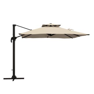 Outsunny Umbrelă de Soare cu Braț Înclinat în 6 Poziții cu Acoperiș pe 2 Niveluri, Umbrelă de Grădină din aluminiu și poliester, 294x294 cm, kaki | Aosom Romania