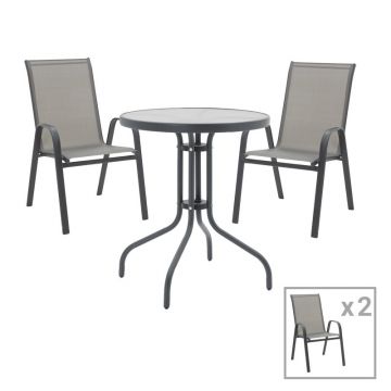 Set masa de gradina si scaune, Model Calan-Watson, culoare gri, metal si sticla securizata, D60x70 cm